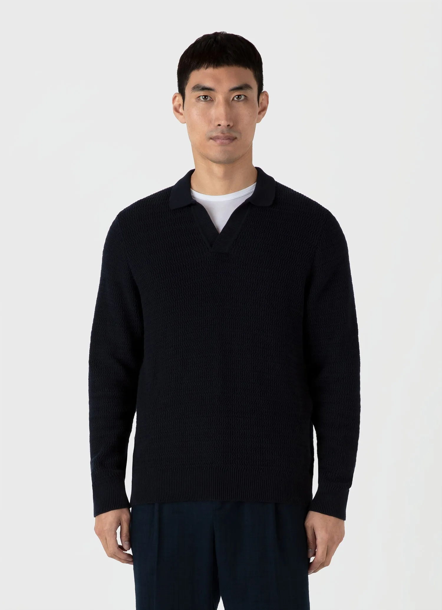 Men's Long Sleeve Textured Cotton Polo Shirt in Navy